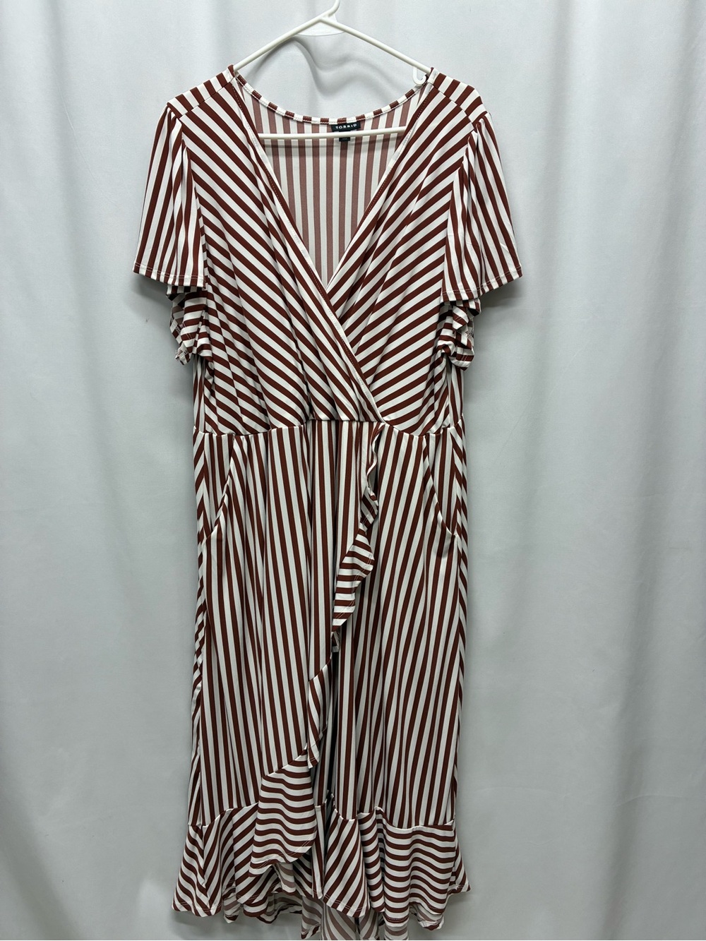 Torrid size 3 ruffle wrap midi dress size burgundy white striped plus size